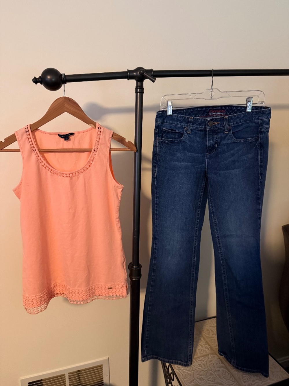 Tommy Hilfiger Two-Piece Outfit Set: Peach Crochet-Trim Tank Top & Jeans